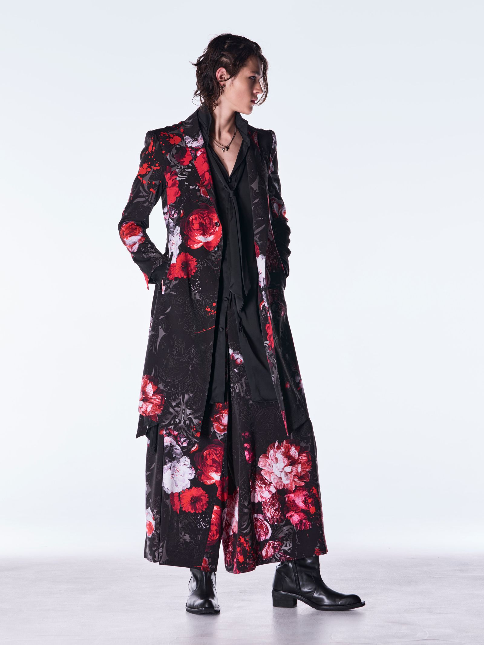 【予約品 6月29日(月) 締切】Goth Flora Suede Satin Flare Jacket / フレアジャケット / ブラック