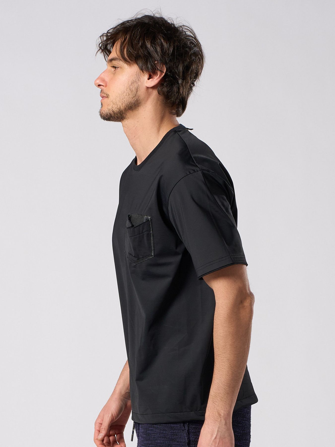 【予約品 1月25日(日) 締切】drawstring leather pocket S/S / ドローストリング レザーポケット ショートスリーブ / ブラック