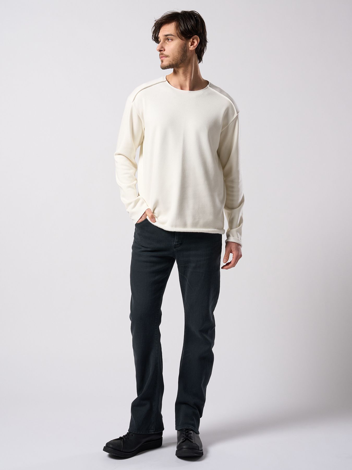 【予約品 4月19日(日) 18時締切】denim jersey 3D banana flare pants / デニムジャージー 3D バナナフレアパンツ / ブラックユーズド