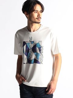 接触冷感 ステンドグラスプリント・ロゴ刺繍半袖Tシャツ / ホワイト 【 NICOLE CLUB FOR MEN】