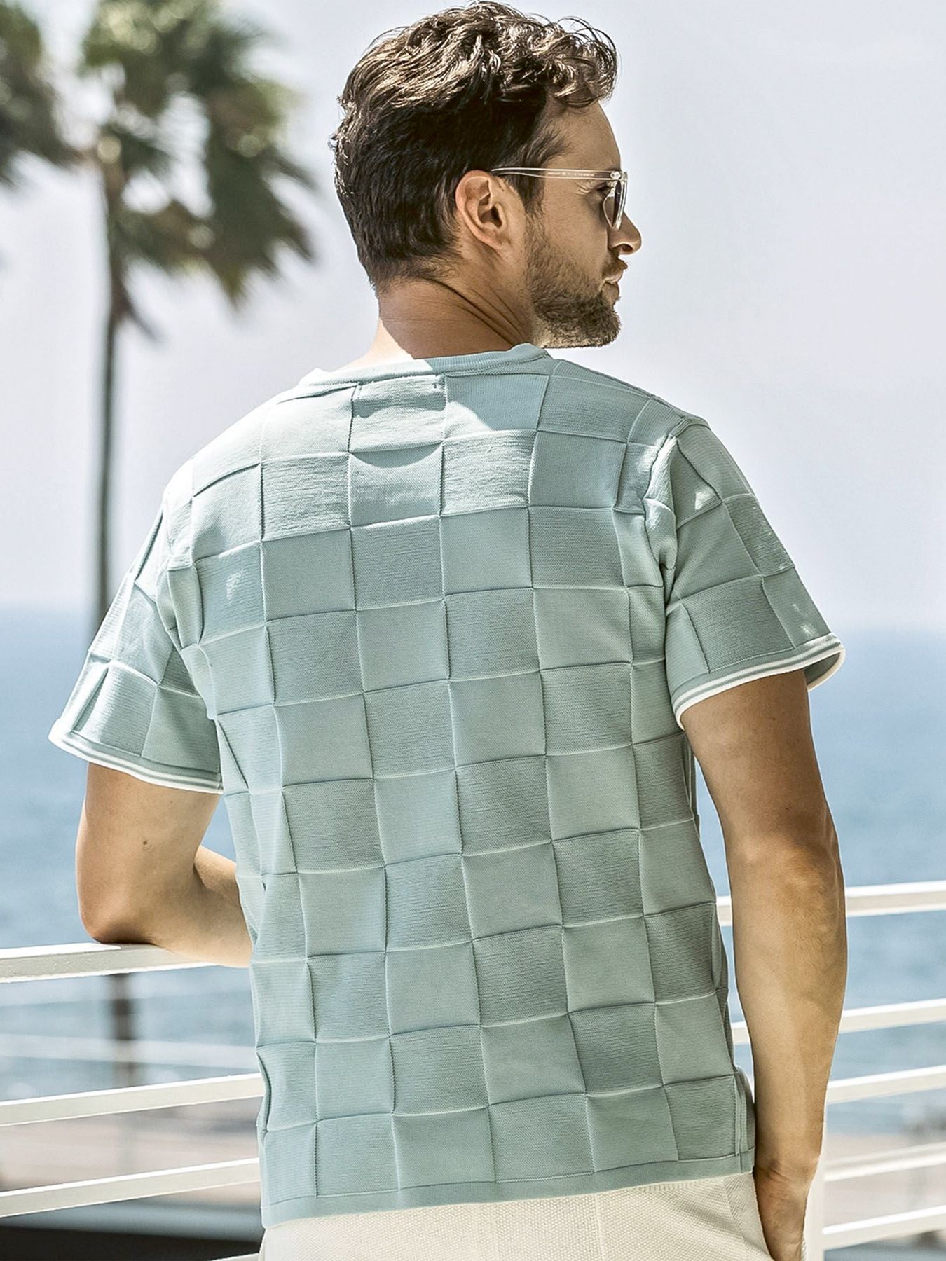 ブロックニット半袖Tシャツ / サックス