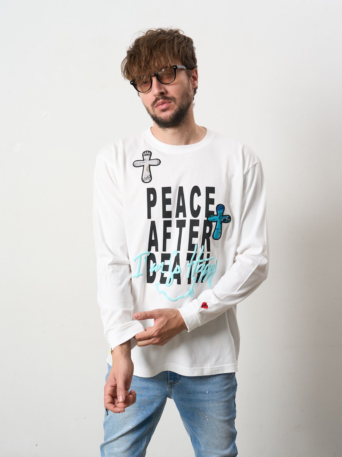 【予約品 5月8日(木) AM10時 締切】 5.6ozコットン天竺 PEACE AFTER DEATH&クロスパッチワーク LS Tシャツ / ホワイト