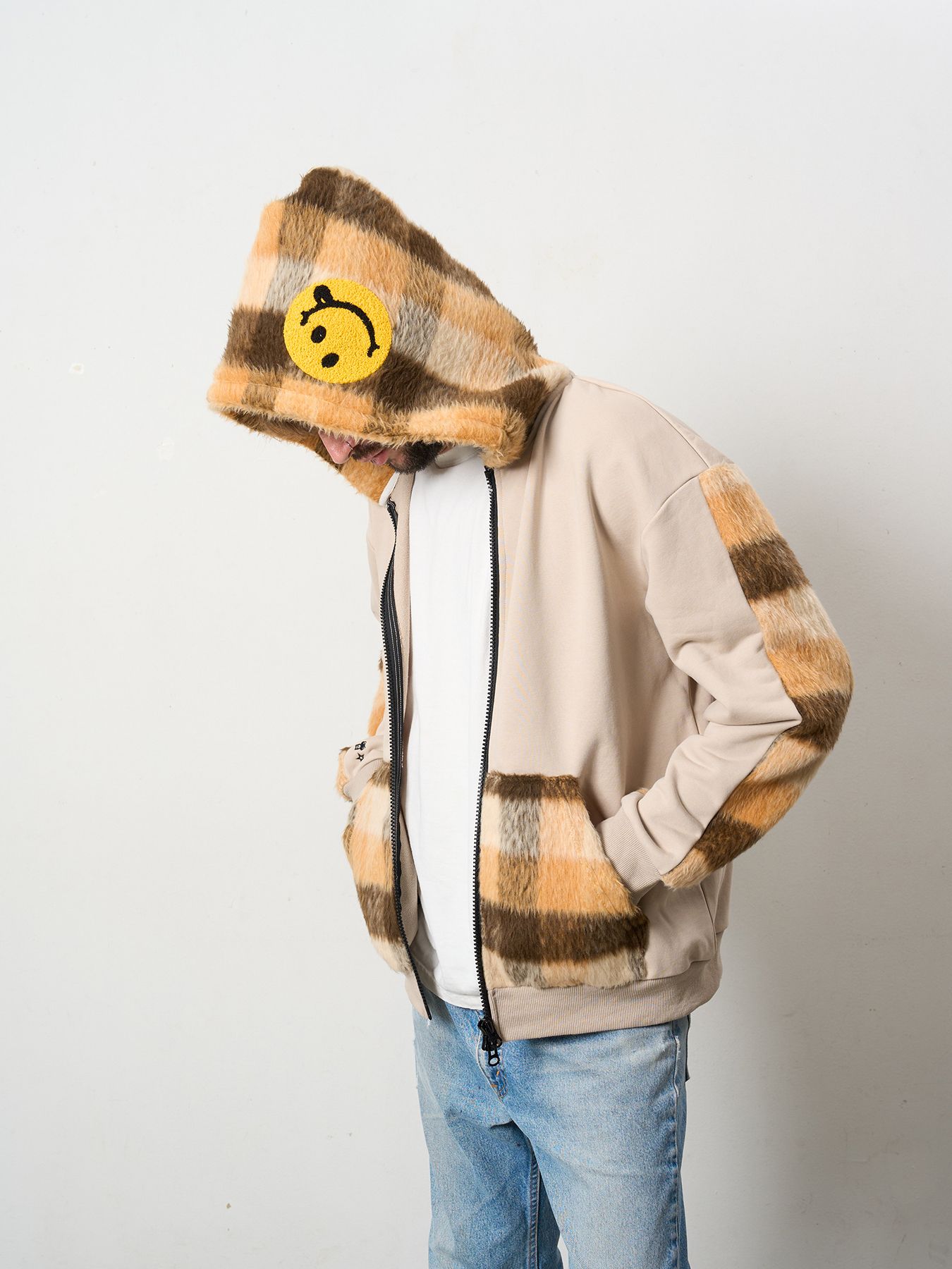 【予約品 5月8日(木) AM10時 締切】 ヘビーウエイト裏毛パイル-シャギーチェックサガラパッチワーク ビックジップワイドパーカー / ベージュ