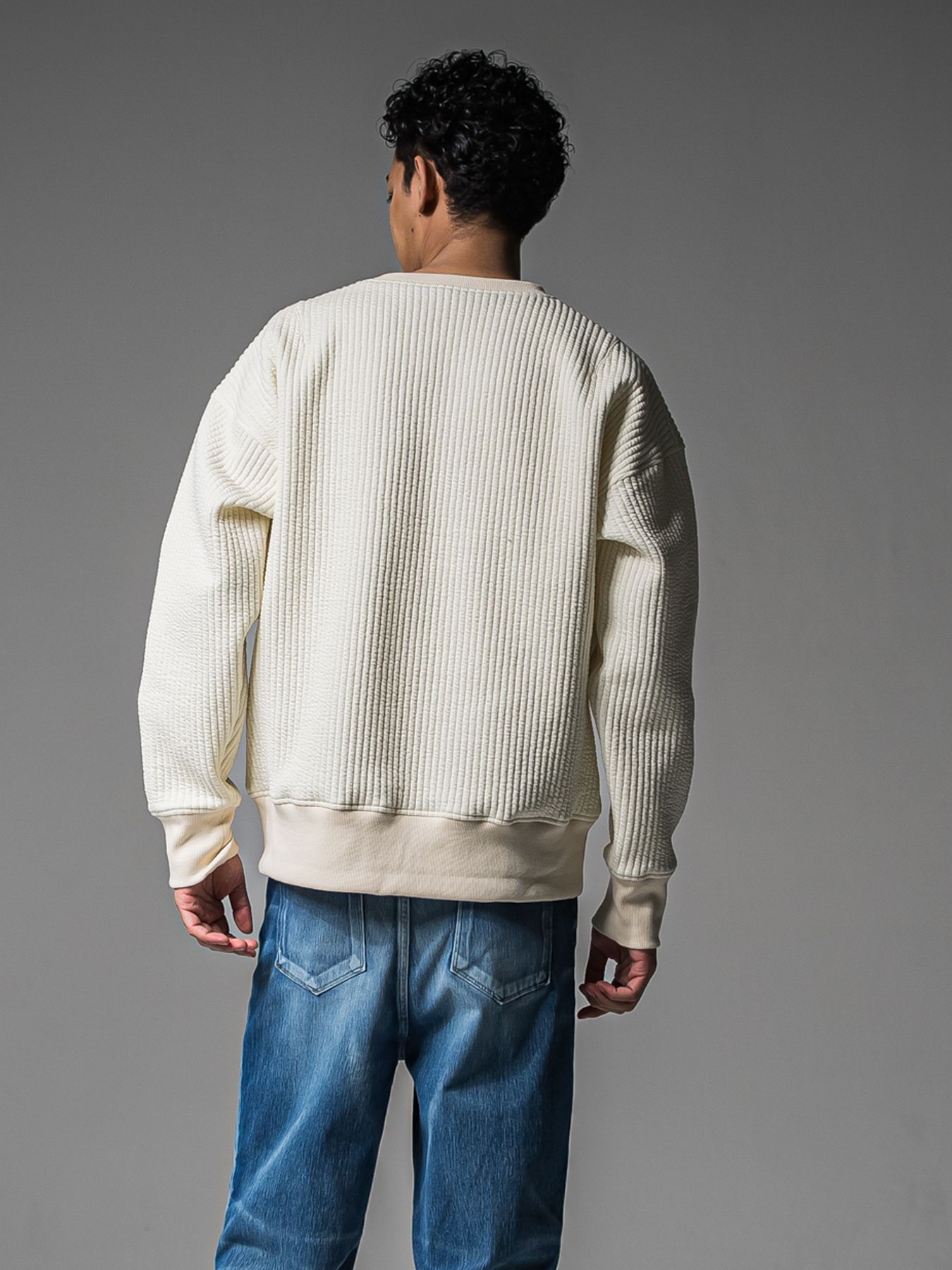【予約品 】STRIPE QUILTING DROP TRAINER / ストライプキルティング ルーズトレーナー / オフ