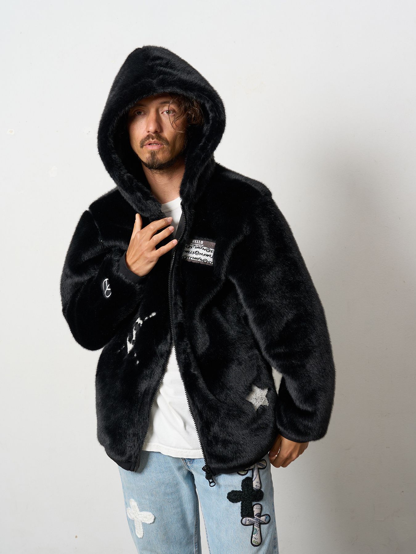 【予約品 】 ECOファー マルチパッチワークビックジップワイドパーカー / ブラック
