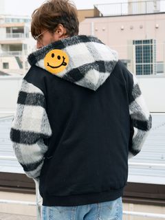 【予約品 5月8日(木) AM10時 締切】 ヘビーウエイト裏毛パイル-シャギーチェックサガラパッチワーク ビックジップワイドパーカー / ブラック