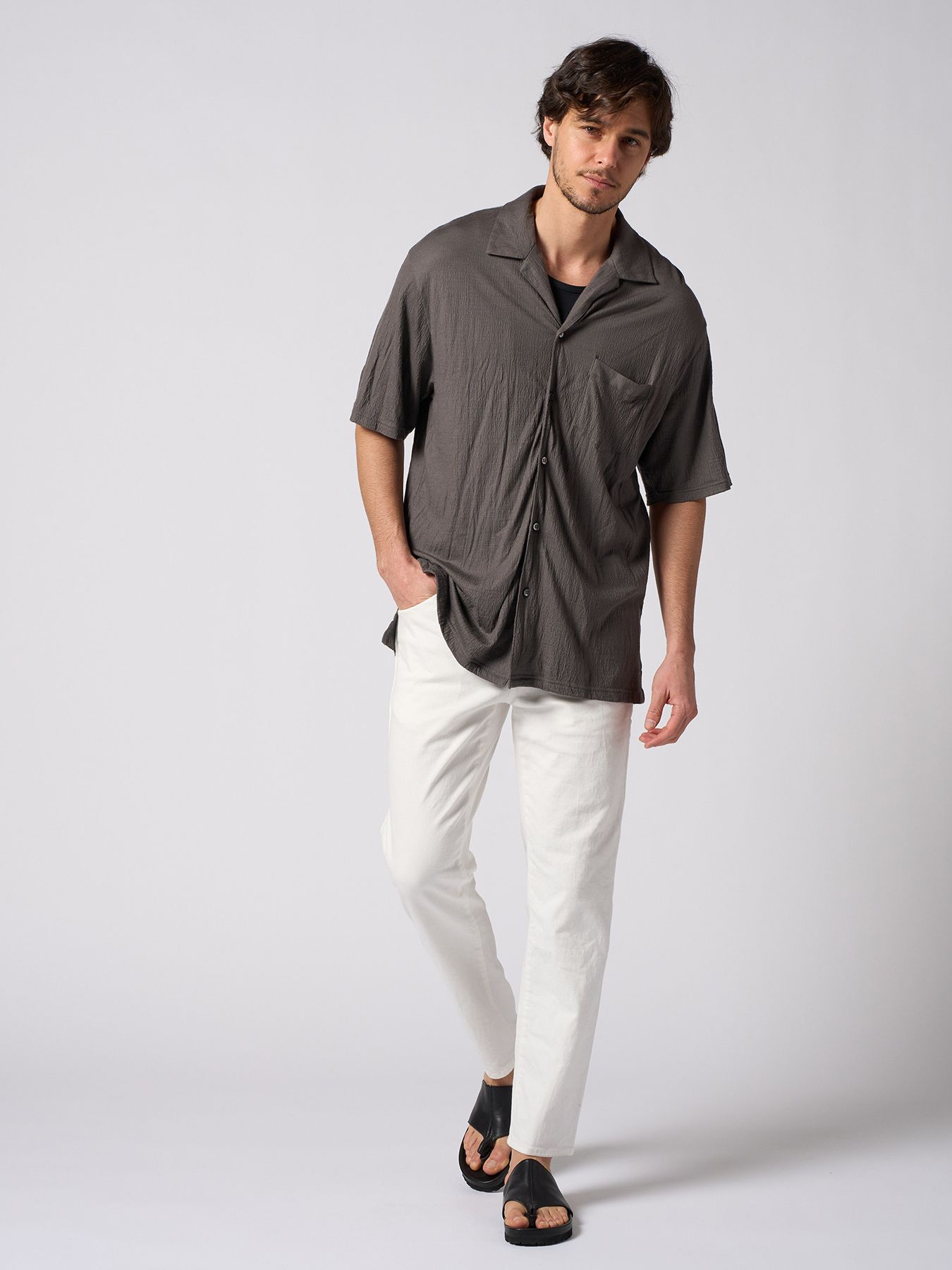 【予約品 1月25日(日) 締切】ex.comfy wool open collar shirt / サマーウール オープンカラーシャツ / スチールグレー