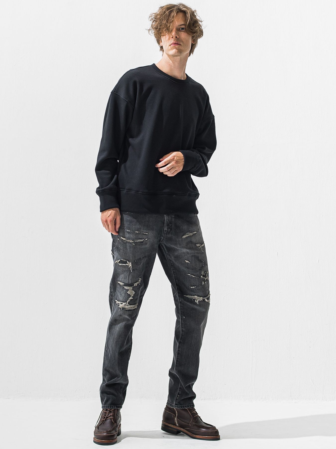 【予約品 9月6日(日) 締切】PIN ST RC VELOURS FLEECE DROP TRAINER / ピンストライプロゴ 裏起毛 ルーズトレーナー / ブラック