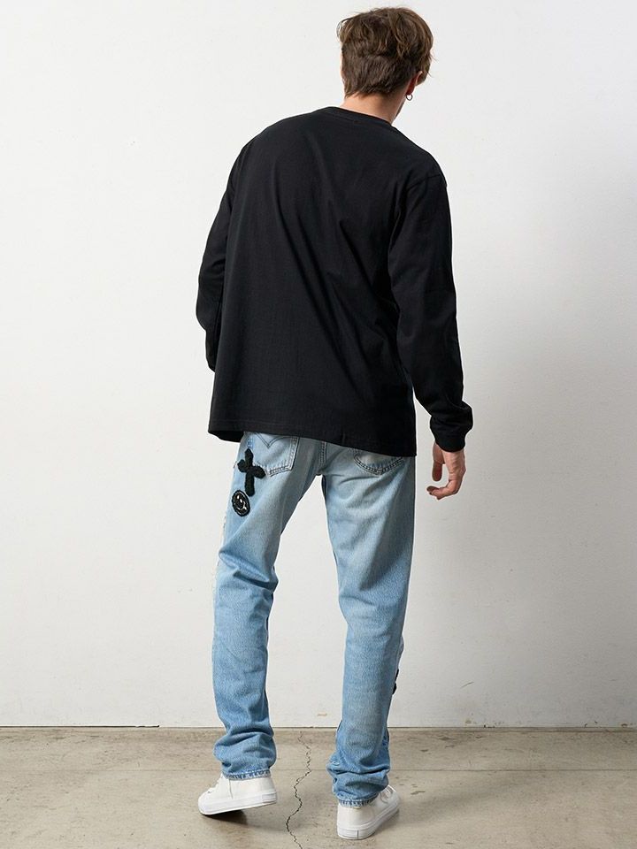 【予約品】 5.6ozコットン天竺 MADGEシークインLS Tシャツ / ブラック 【STUD MUFFIN(スタッドマフィン)】