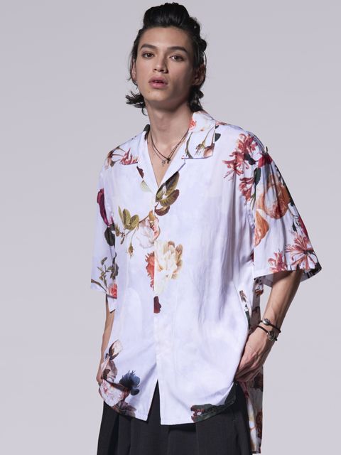 《予約品》 KAIKIN-HIYOKU Shirt / 開襟比翼シャツ / ホワイト・フローラ柄