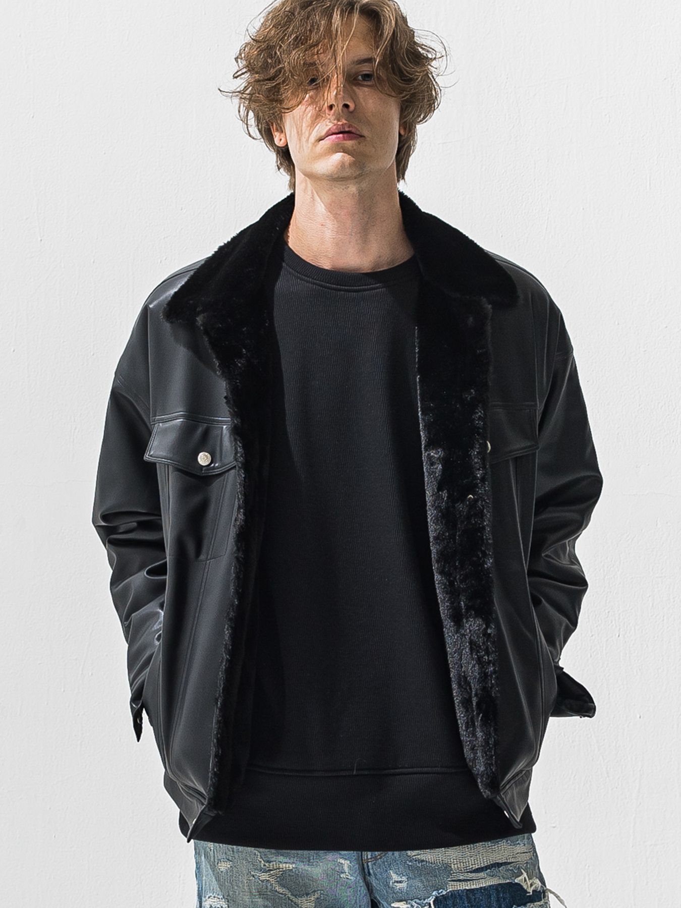 【予約品 9月6日(日) 締切】LEATHER FUR OVER G / レザー ファー オーバー Gジャン / ブラック