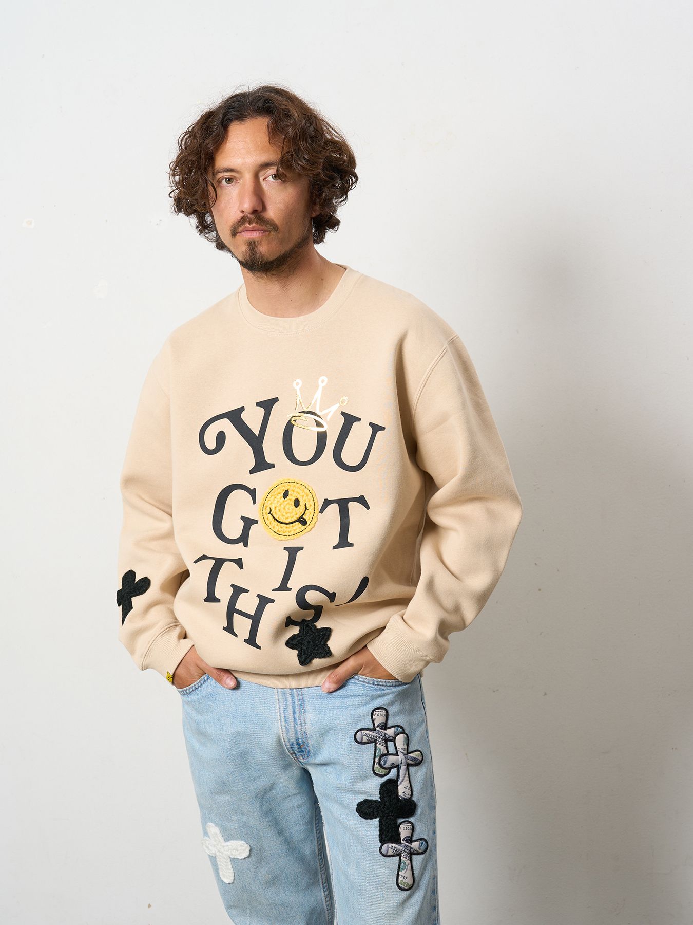 【予約品 5月8日(木) AM10時 締切】 TC裏毛起毛 YOU GOT THIS マルチパッチワークスウェットシャツ / ベージュ