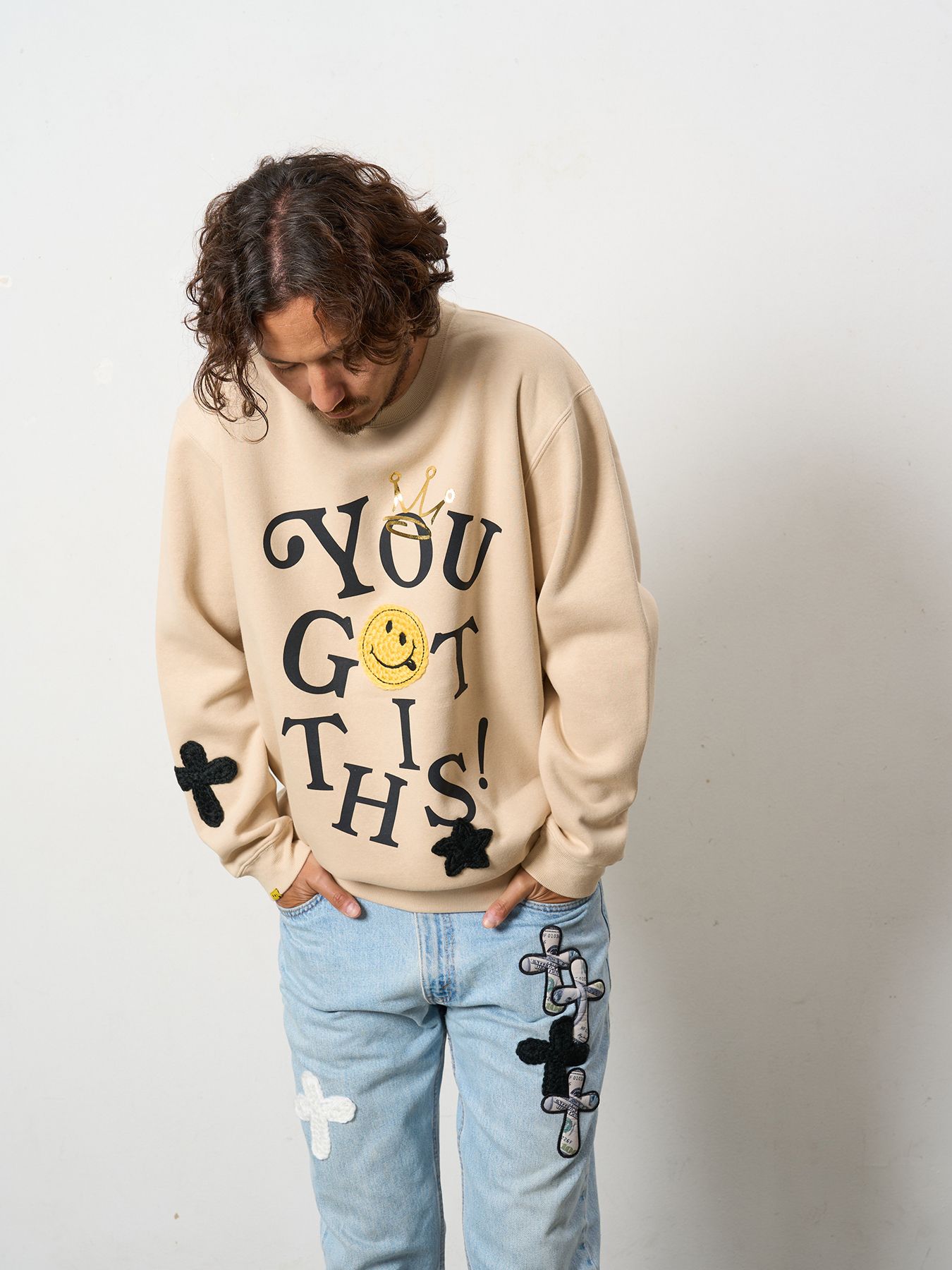 【予約品 5月8日(木) AM10時 締切】 TC裏毛起毛 YOU GOT THIS マルチパッチワークスウェットシャツ / ベージュ