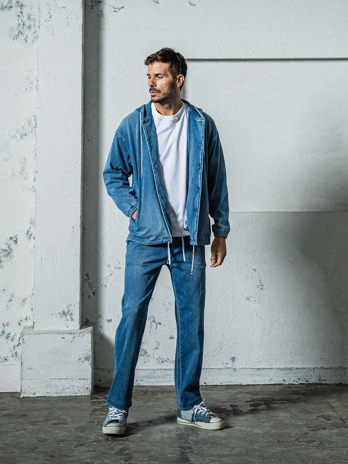 《予約11月17日19時締め》 DENIM JERSEY  coach hoodie / ジャケットパーカー / ライトインディゴ
