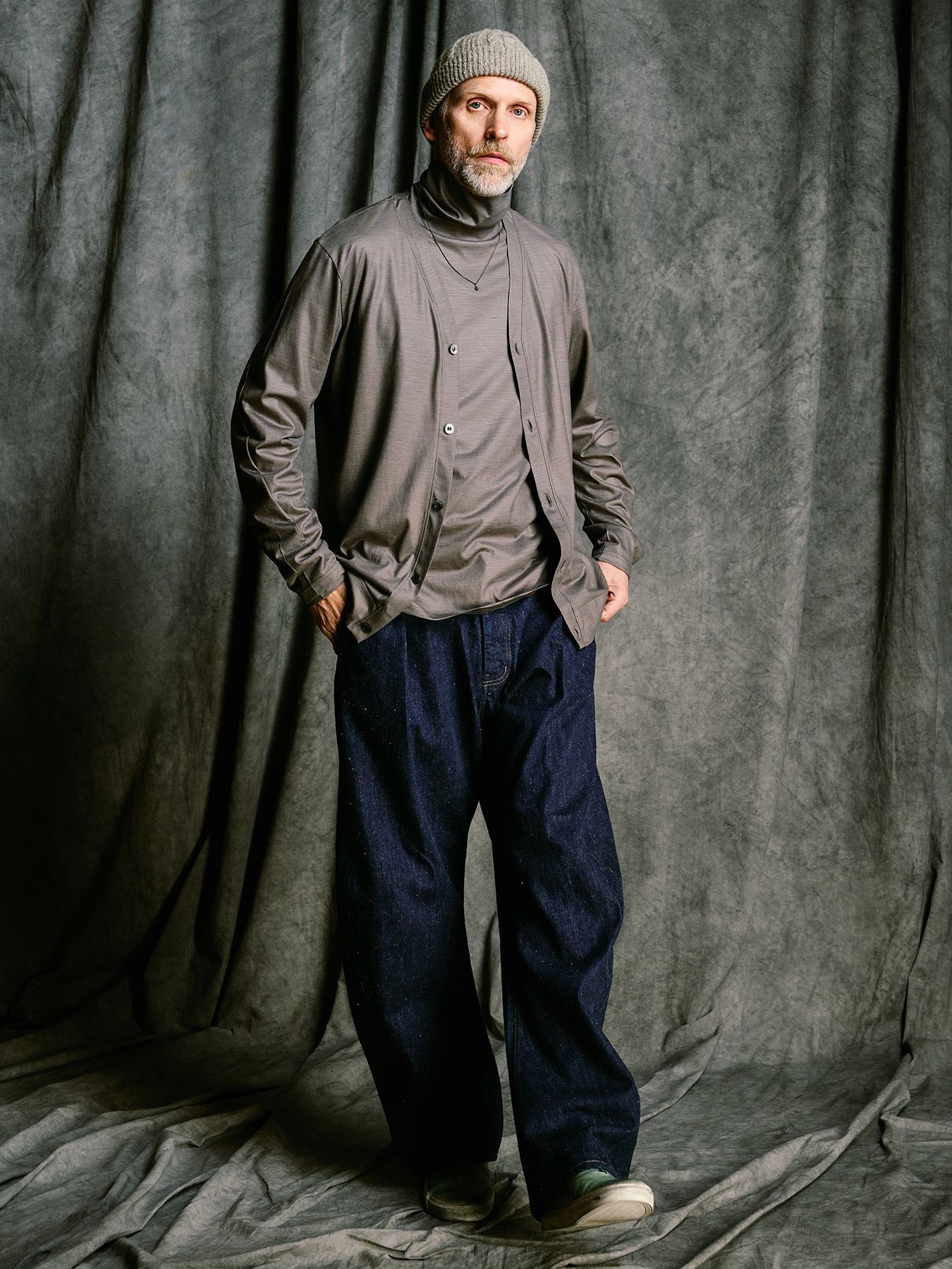 【予約品 4月19日(日) 18時締切】ex.comfy wool middle cardigan / メリノウールジャージー カーディガン / スチールグレー