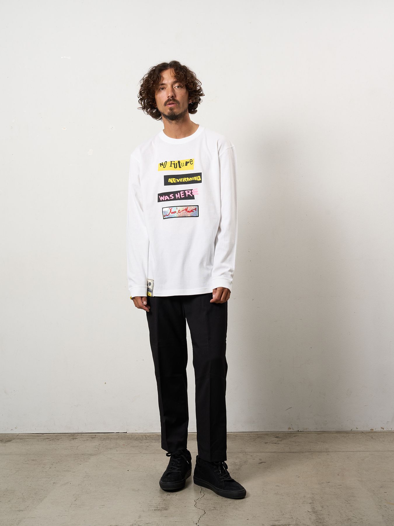 【予約品 10月16日(木) 締切】5.6ozコットン天竺 タイトルボックスシークイン LSシャツ / ホワイト