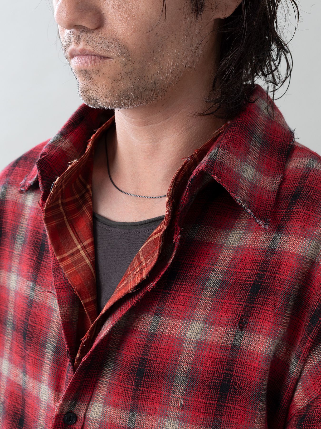 【予約品 5月27日(水) 締切】DOUBLE-SHIRTS damage / ダメージ加工 レイヤードシャツ / レッド系