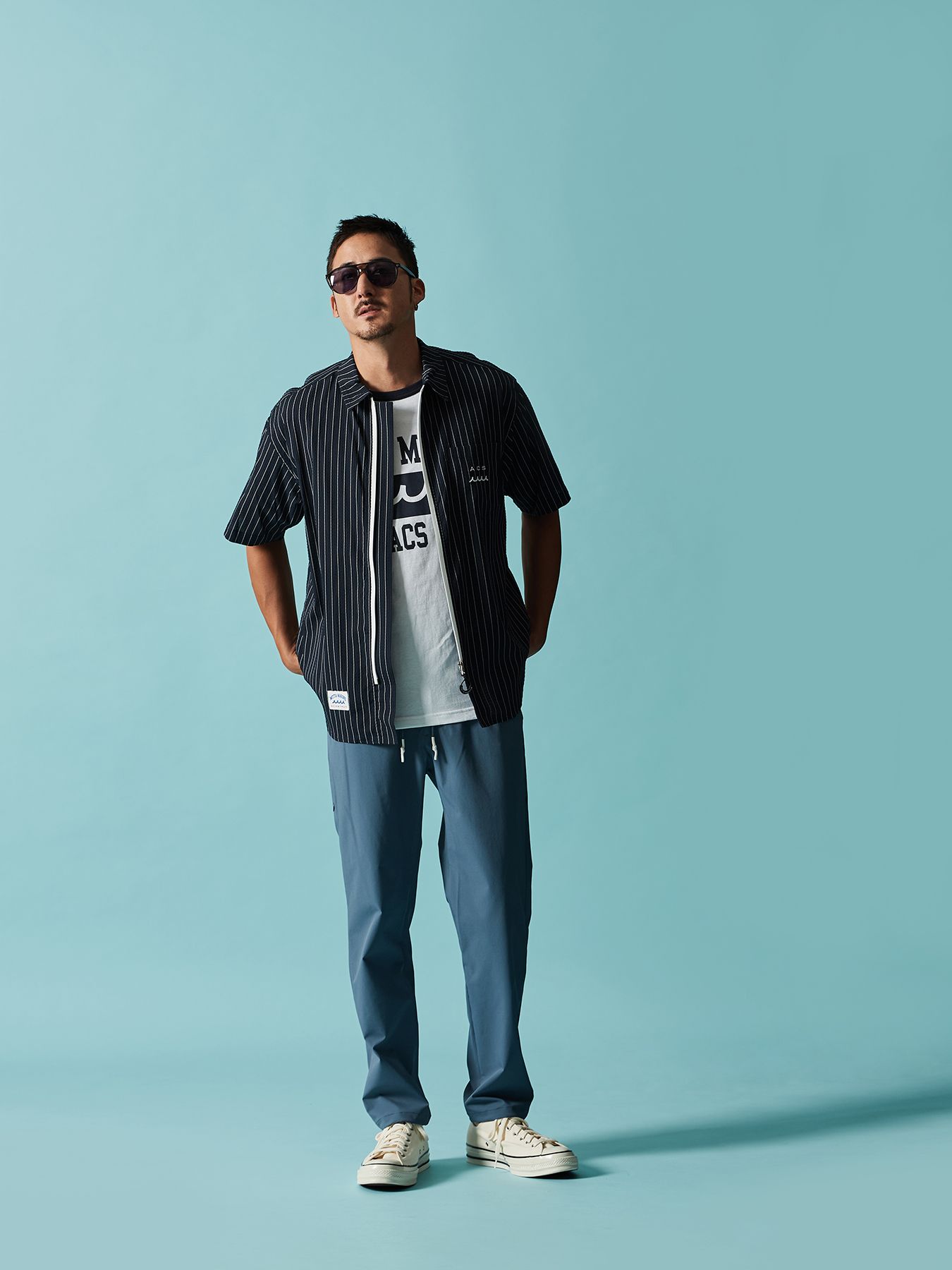 【予約品 10月9日(木) 締切】muta Dot Air(R) Zip Up S-S Shirt / ZIP半袖シャツ / ネイビーストライプ【Acanthus × muta MARINE】