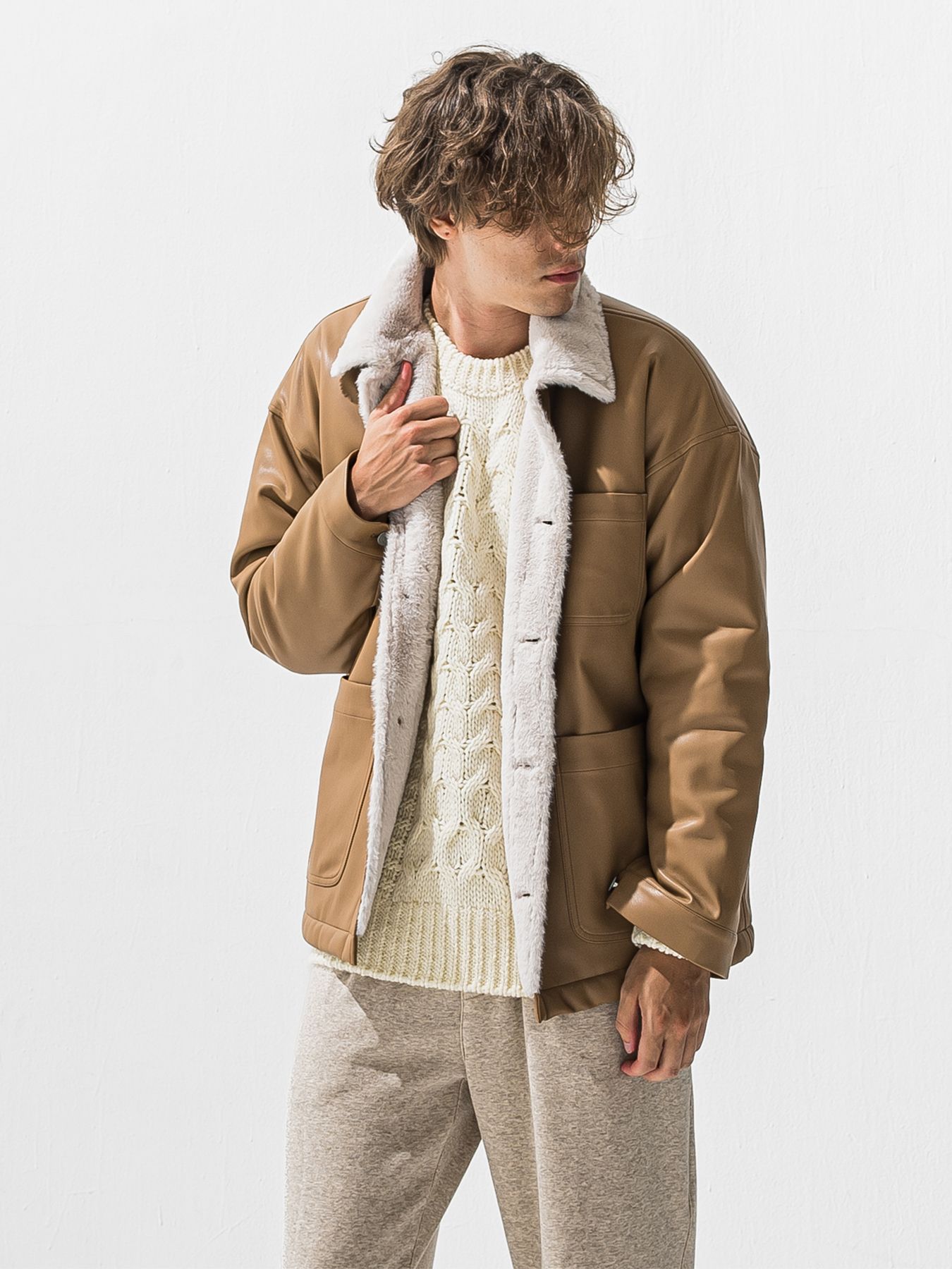 【予約品 9月6日(日) 締切】LEATHER FUR COVERALL / レザー ファー カバーオール / ベージュ
