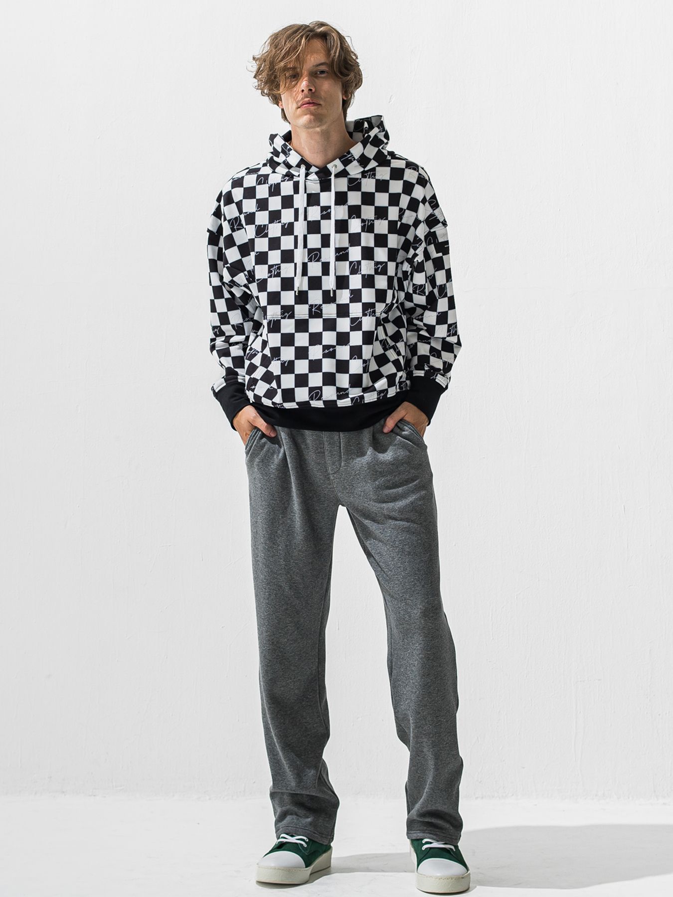 【予約品 9月6日(日) 締切】CHECKER BACK FLEECE TRAINER / 裏起毛 ルーズフーディー / ホワイト×ブラック