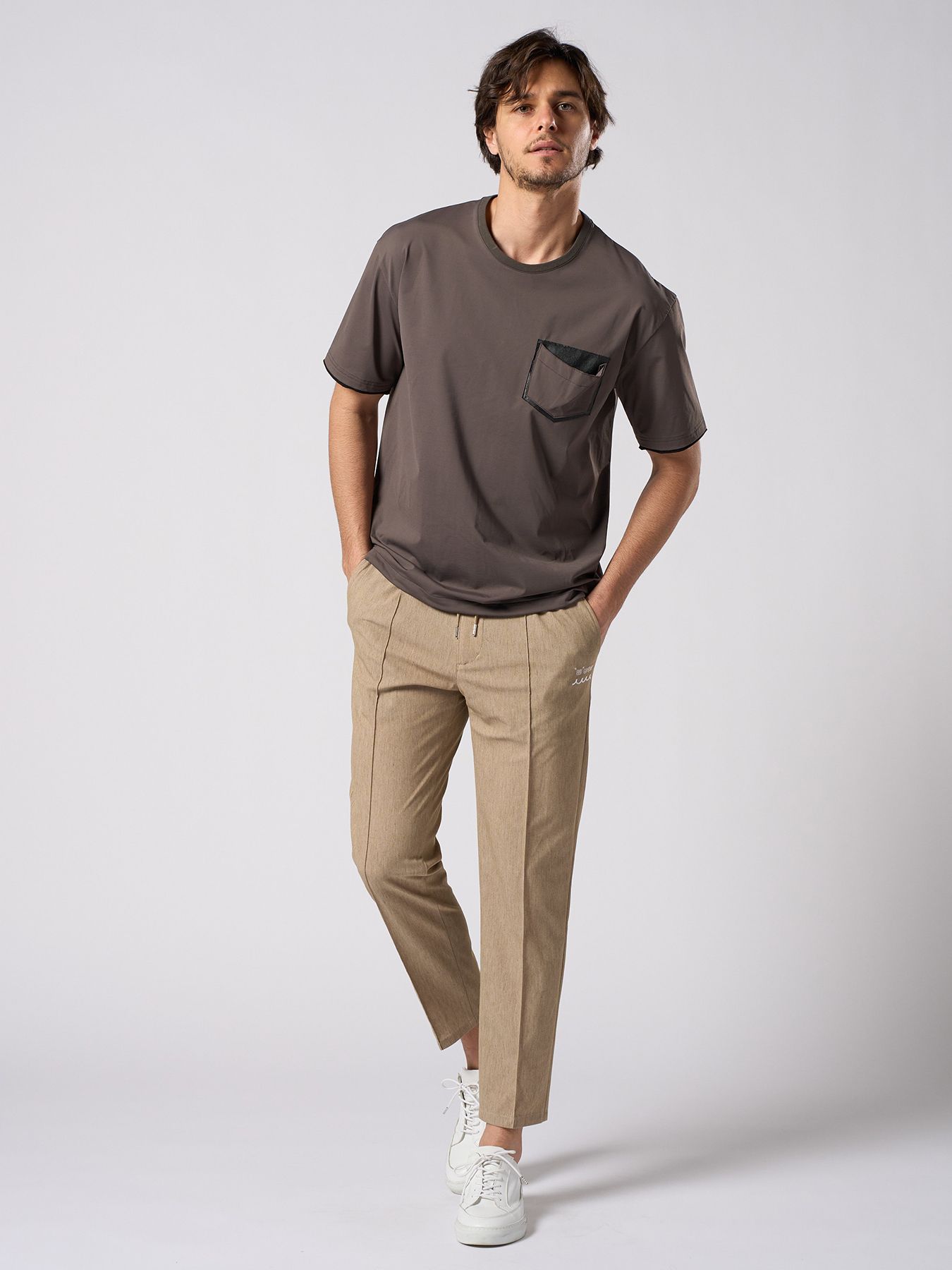 【予約品 1月25日(日) 締切】drawstring leather pocket S/S / ドローストリング レザーポケット ショートスリーブ / チャコール