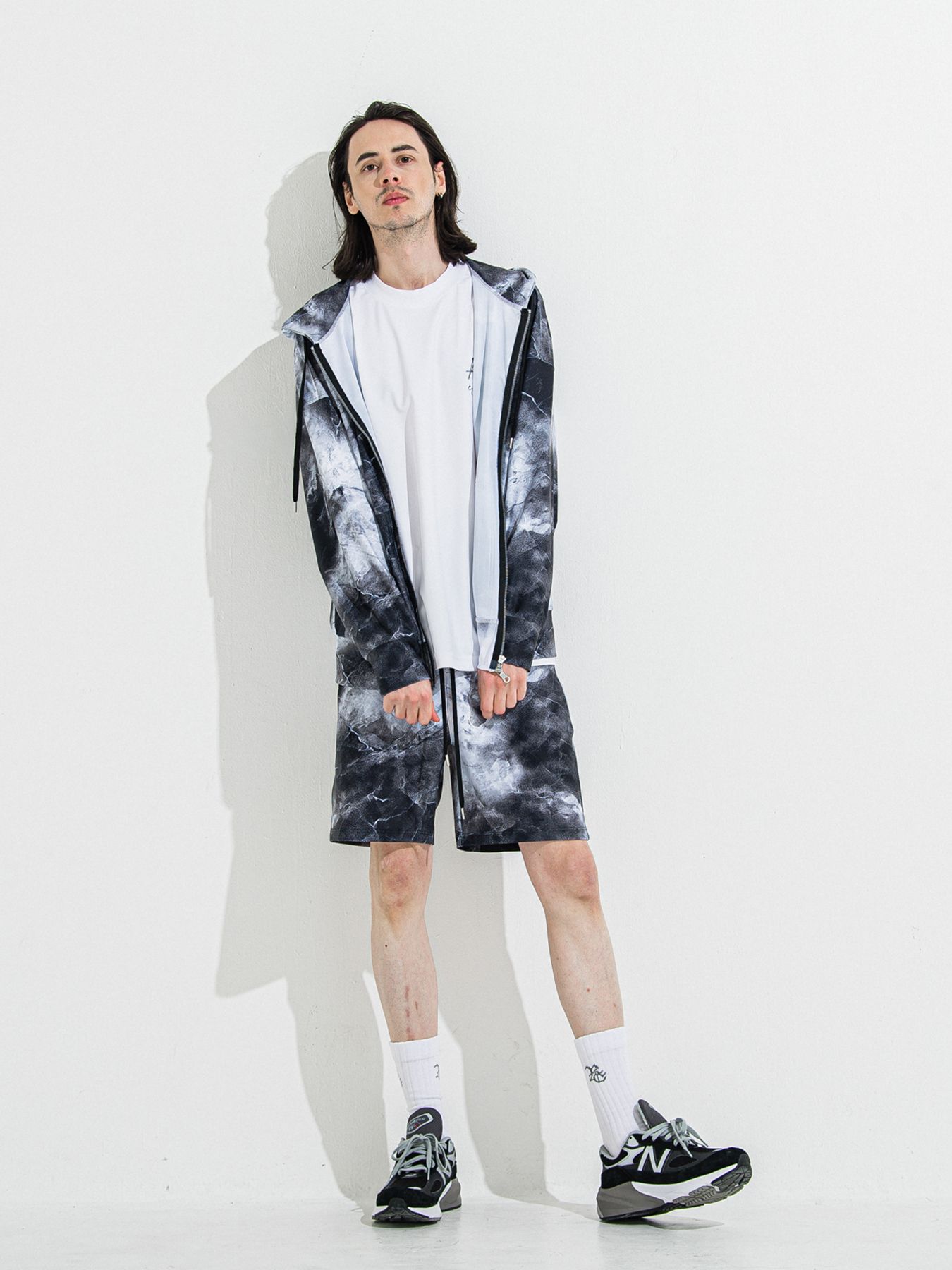 【予約品 】RASH OVER ZIPUP HOODIE / ラッシュガード オーバーサイズジップアップパーカー / マーブルブラック