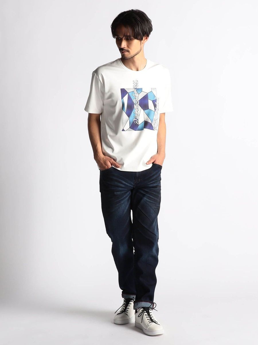 接触冷感 ステンドグラスプリント・ロゴ刺繍半袖Tシャツ / ホワイト 【 NICOLE CLUB FOR MEN】