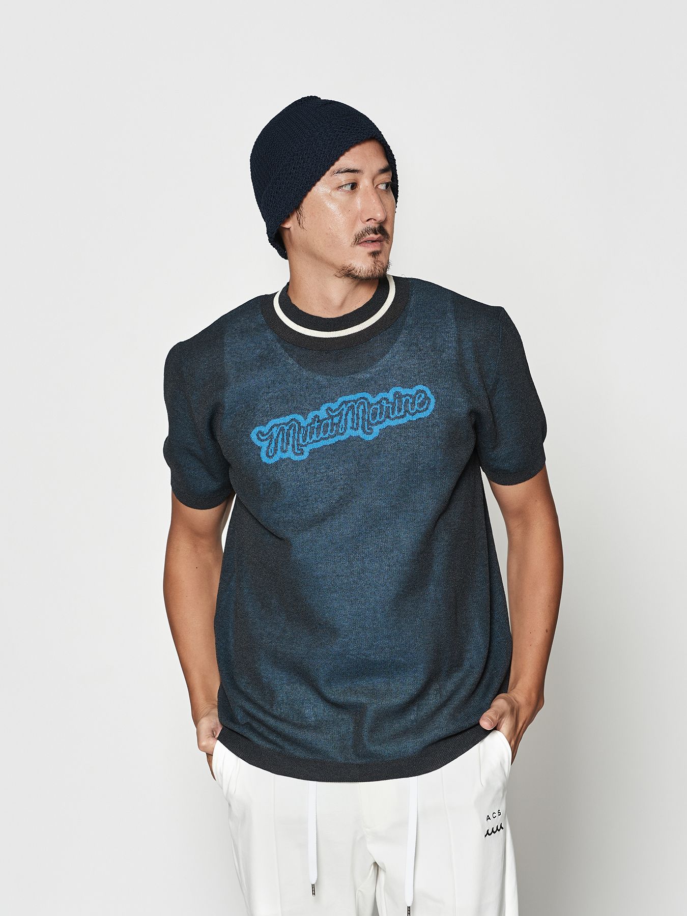 【予約品 10月9日(木) 締切】muta Sheer Knit S-S Top / シアーニットTシャツ / ネイビー【Acanthus × muta MARINE】