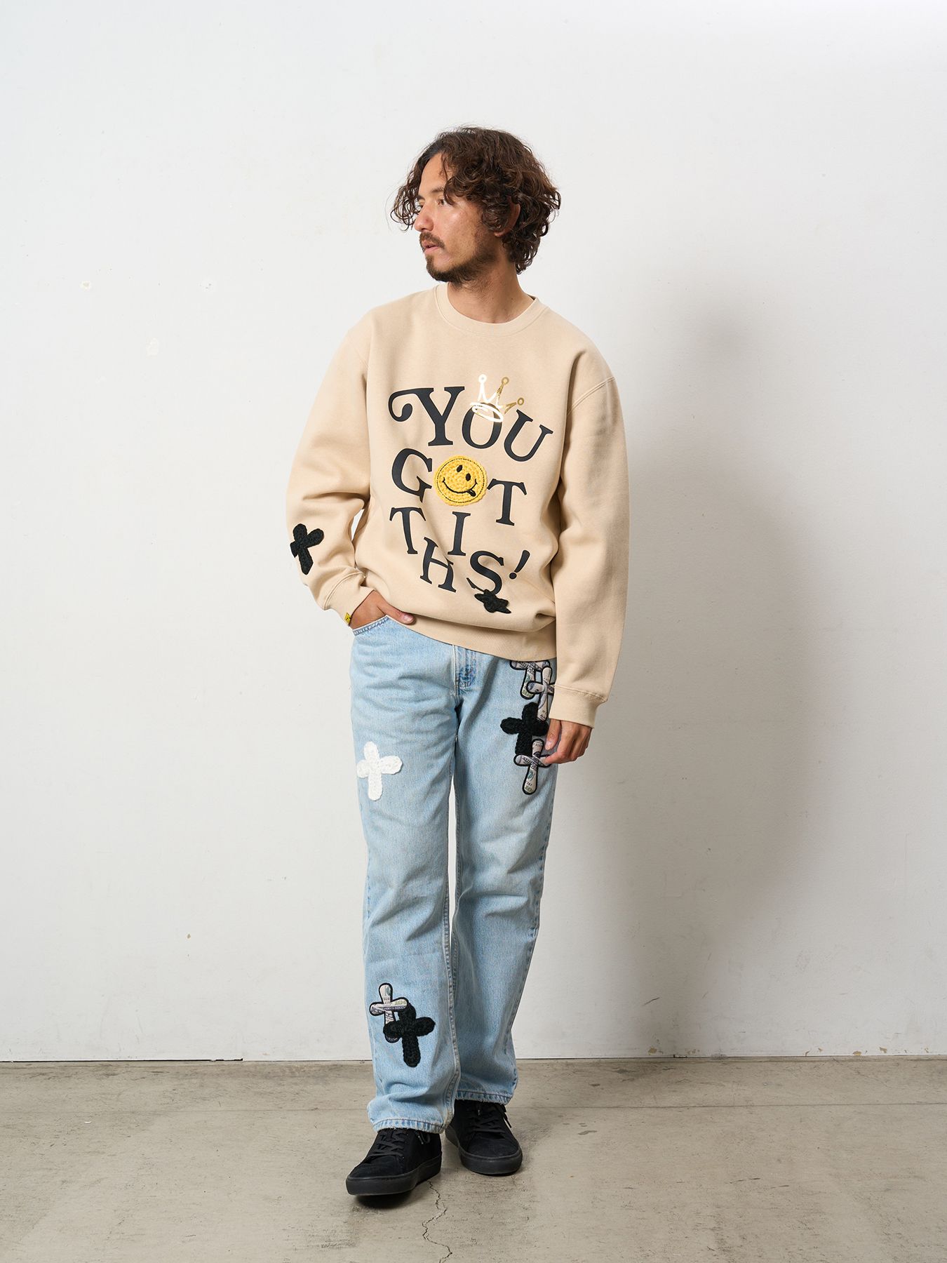 【予約品 5月8日(木) AM10時 締切】 TC裏毛起毛 YOU GOT THIS マルチパッチワークスウェットシャツ / ベージュ