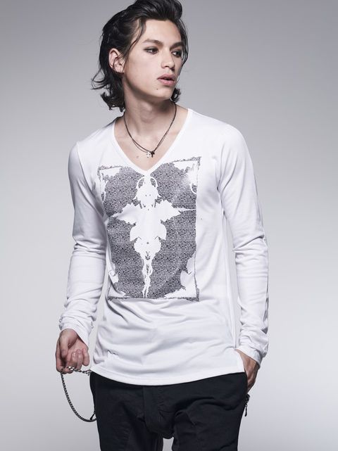 《予約品》 V-NeckT-Shirt / プリント入りVネック長袖Tシャツ / ホワイト 【kiryuyrik】 8月以降入荷予定