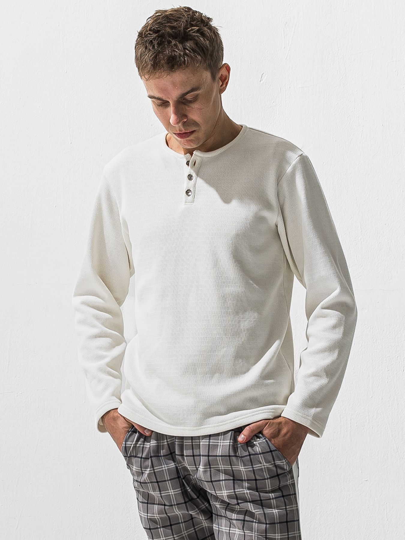【予約品 9月6日(日) 締切】VELOURS FLEECE THERMAL HENRY / 裏起毛 ハニカムサーマル ヘンリーネック / ホワイト