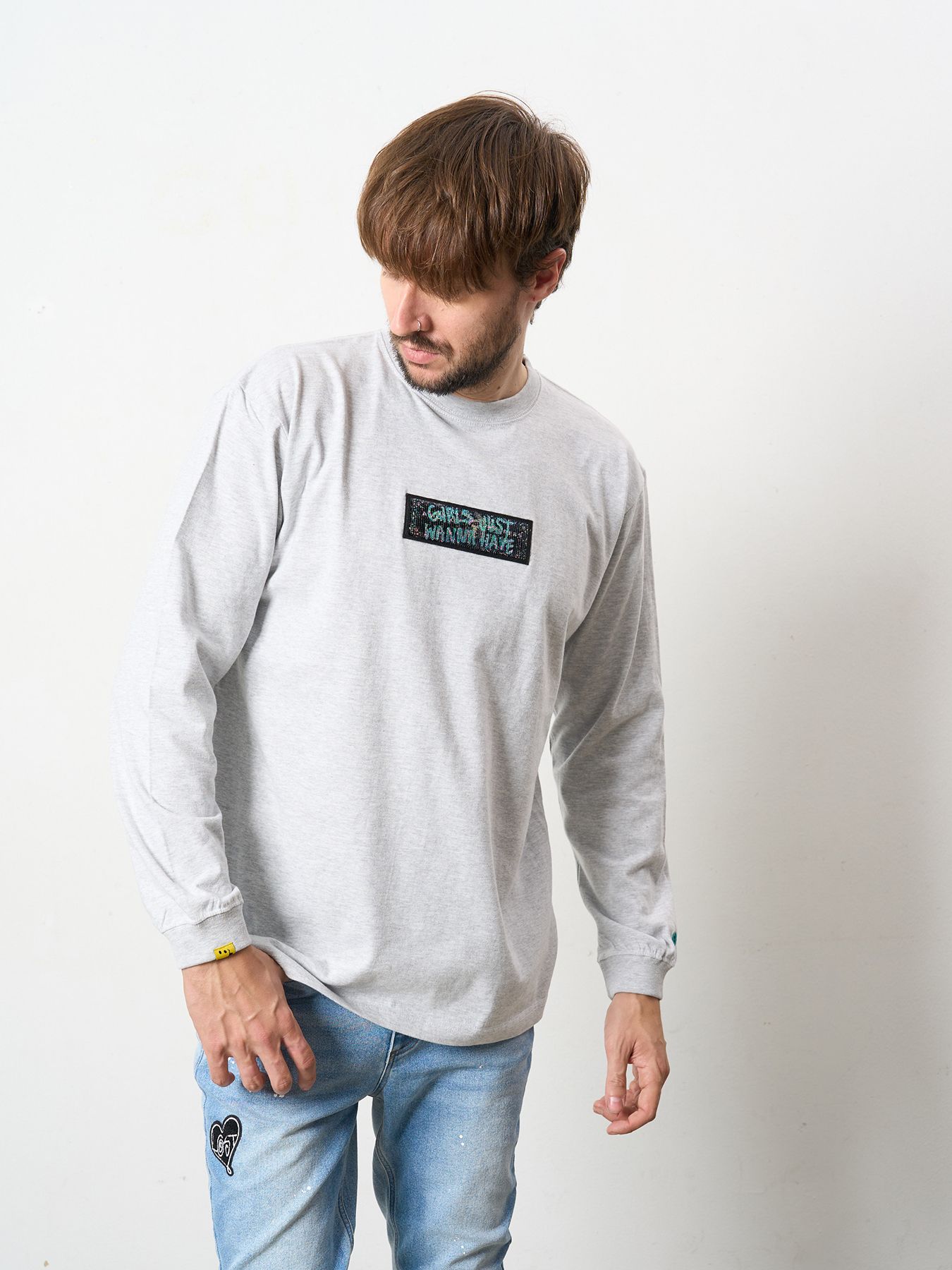 【予約品 5月8日(木) AM10時 締切】 5.6ozコットン天竺 スターグラムハート＆シークインLS Tシャツ / アッシュ