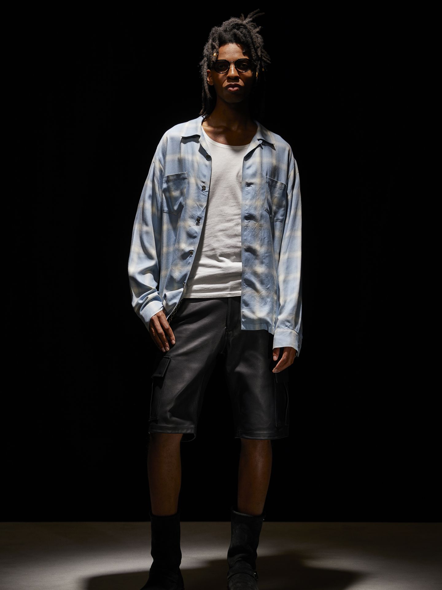 Rayon Twill Ombre Check L/S Open Collar Shirt / オンブレーチェック L/S 開襟シャツ / ブルー