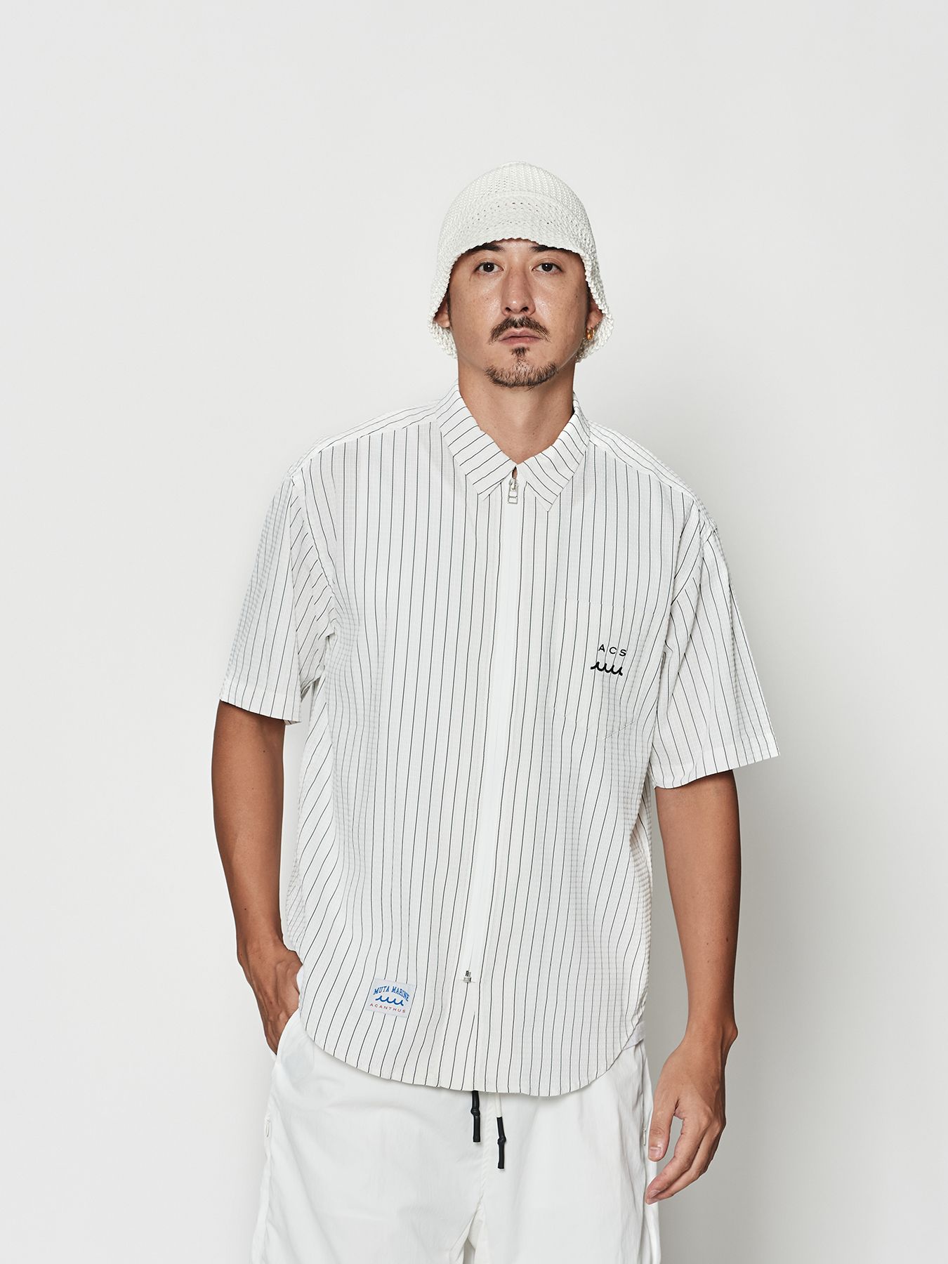 【予約品 10月9日(木) 締切】muta Dot Air(R) Zip Up S-S Shirt / ZIP半袖シャツ / ホワイトストライプ【Acanthus × muta MARINE】