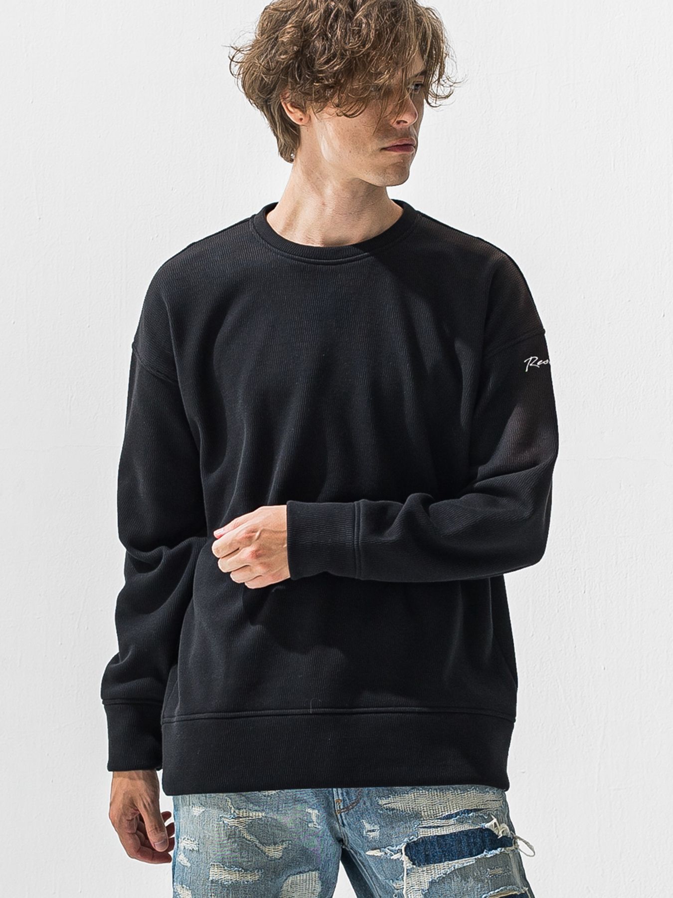 【予約品 9月6日(日) 締切】VELOURS FLEECE THERMAL LOOSE TRAINER / 裏起毛 ハニカムサーマル ルーズトレーナー / ブラック