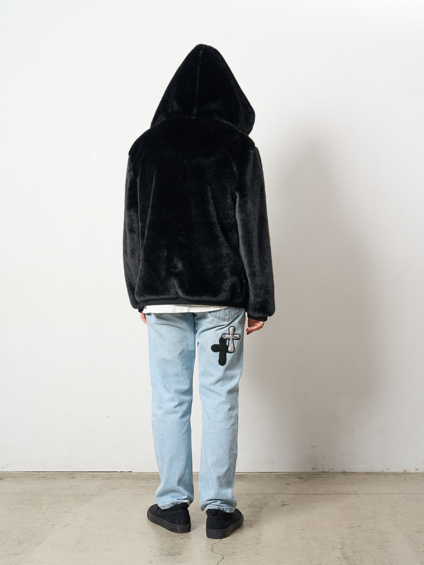 【予約品 】 ECOファー マルチパッチワークビックジップワイドパーカー / ブラック