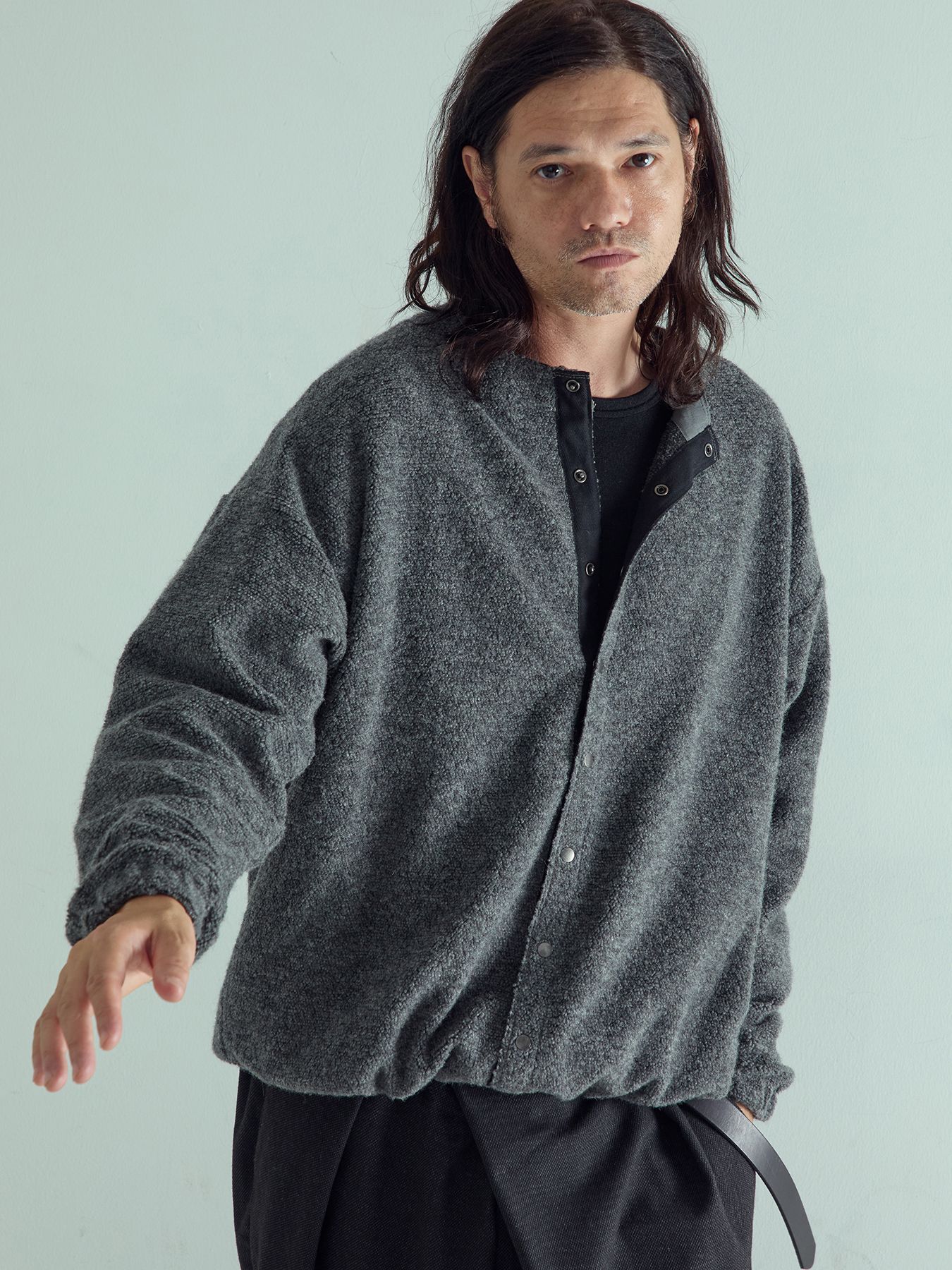 【予約品 】WOOLSNAP / ウールパイル カーディガン / 杢グレー