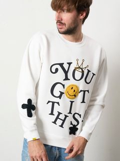 【予約品 5月8日(木) AM10時 締切】 TC裏毛起毛 YOU GOT THIS マルチパッチワークスウェットシャツ / ホワイト