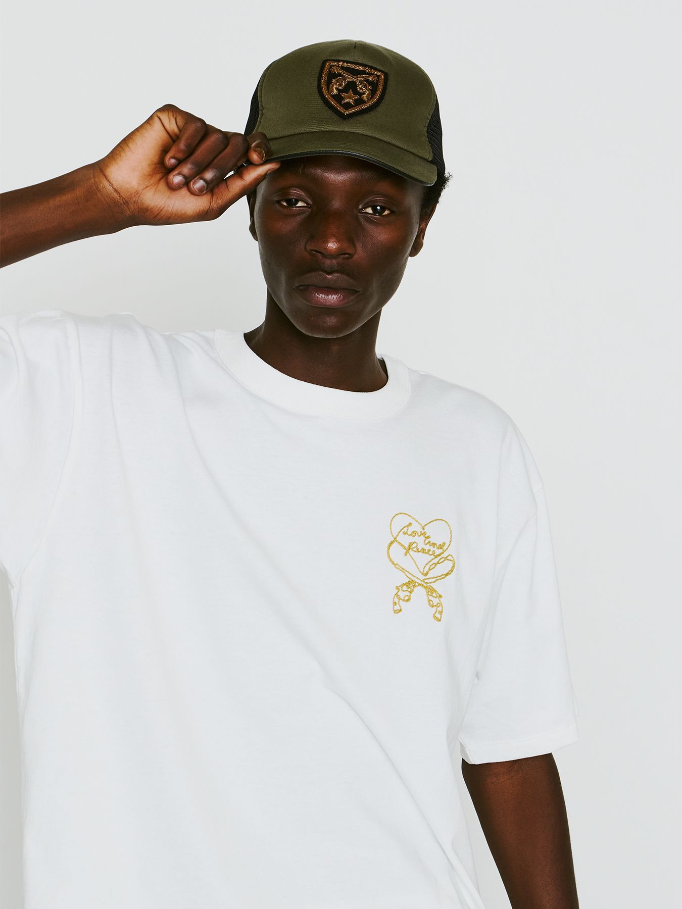 【予約品 8月10日(日) 締切 】HEART CORD EMB S/S T / ハートコード Tシャツ / 刺繍 ホワイト×イエロー