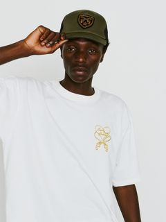 【予約品 8月10日(日) 締切 】HEART CORD EMB S/S T / ハートコード Tシャツ / 刺繍 ホワイト×イエロー