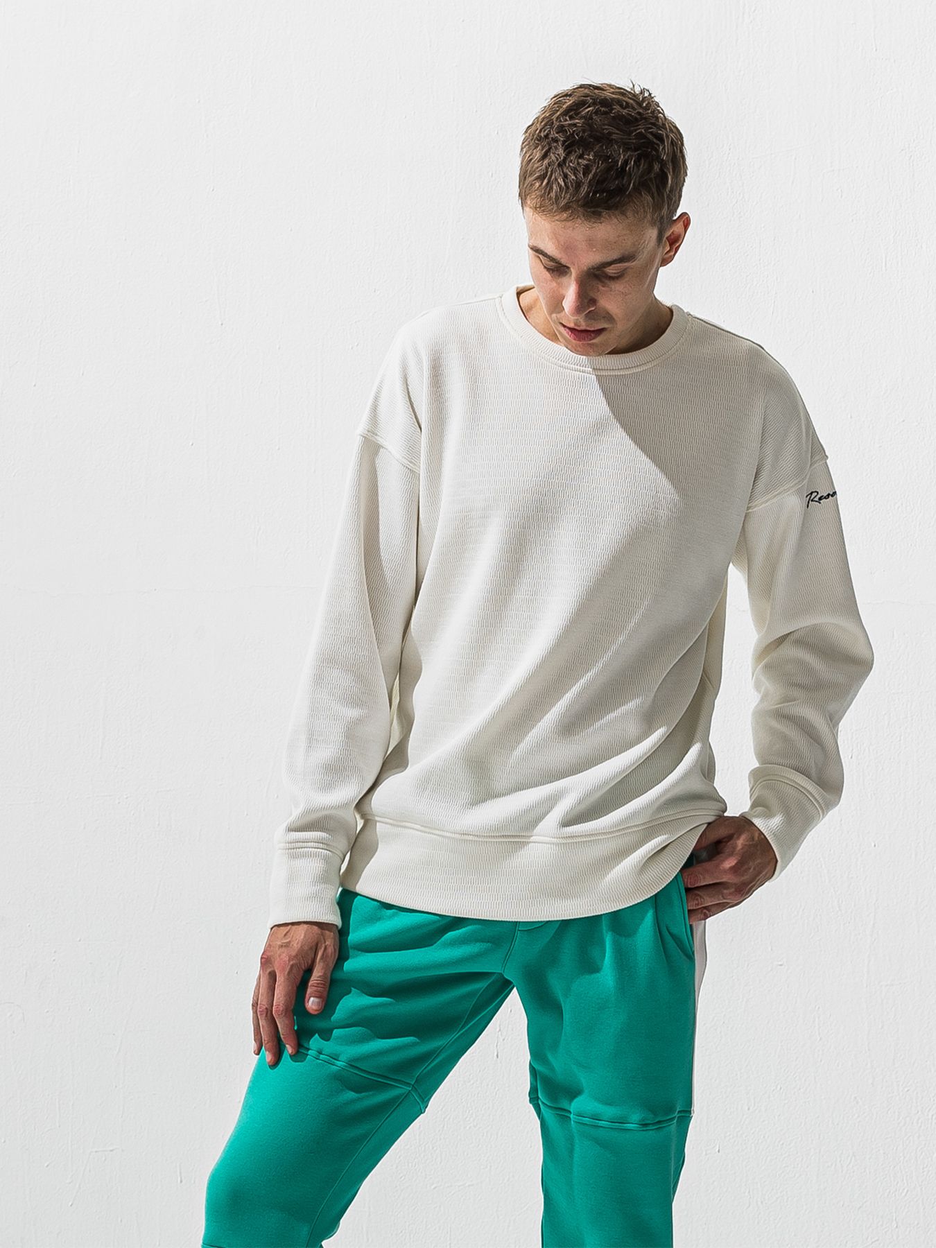 【予約品 9月6日(日) 締切】VELOURS FLEECE THERMAL LOOSE TRAINER / 裏起毛 ハニカムサーマル ルーズトレーナー / ホワイト