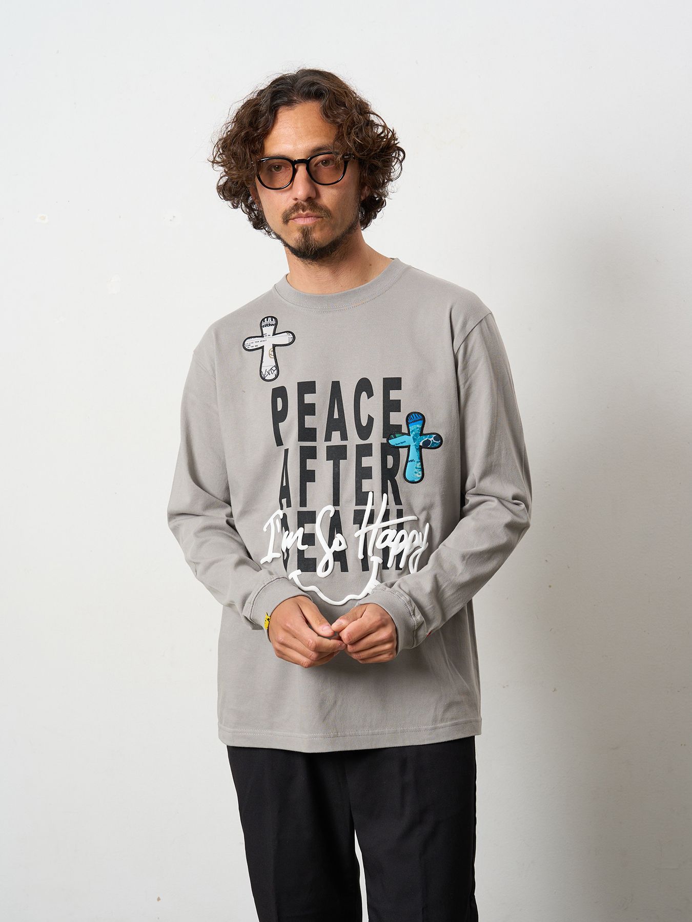 【予約品 5月8日(木) AM10時 締切】 5.6ozコットン天竺 PEACE AFTER DEATH&クロスパッチワーク LS Tシャツ / チャコールグレー