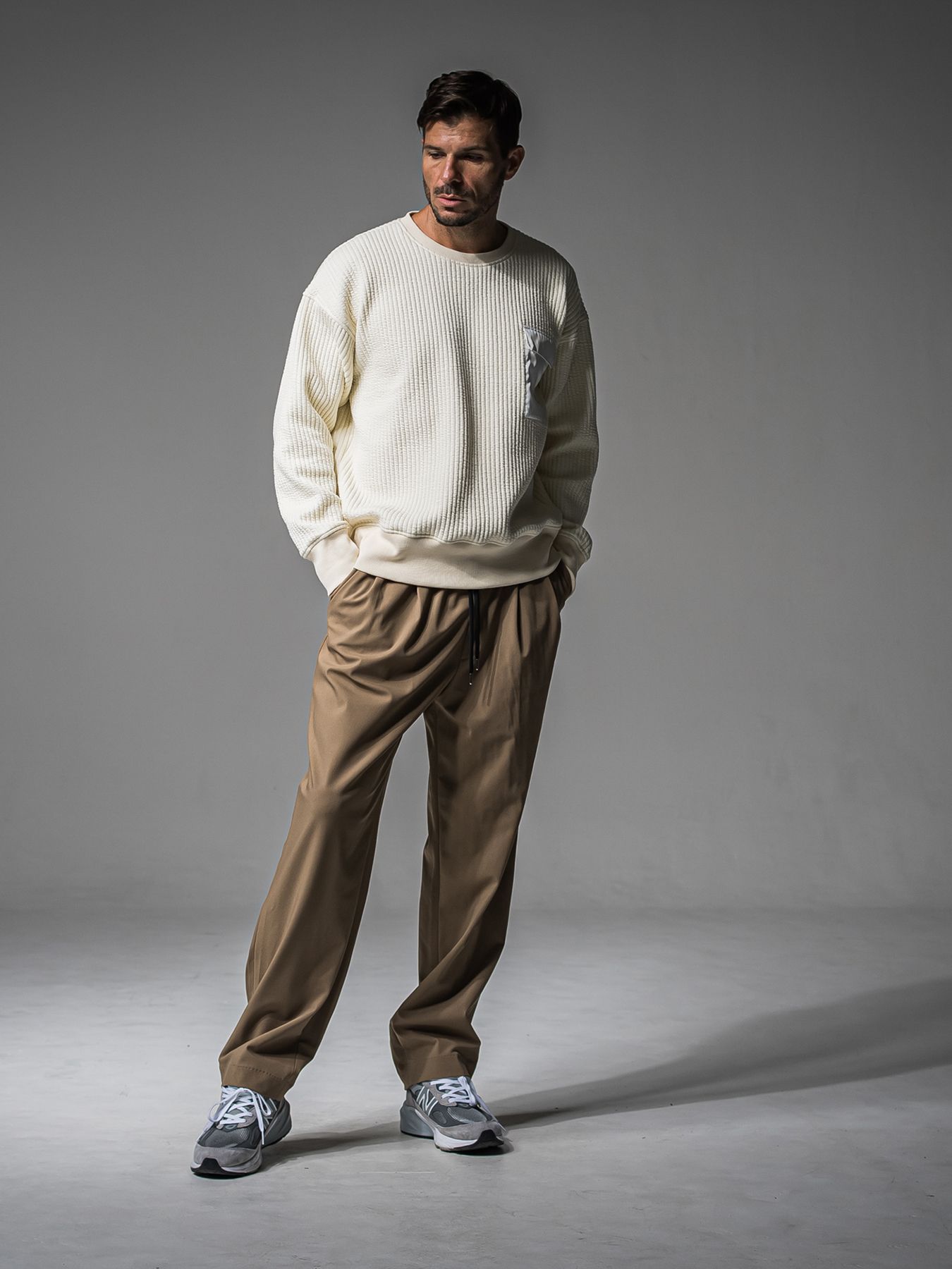 【予約品 】STRIPE QUILTING DROP TRAINER / ストライプキルティング ルーズトレーナー / オフ