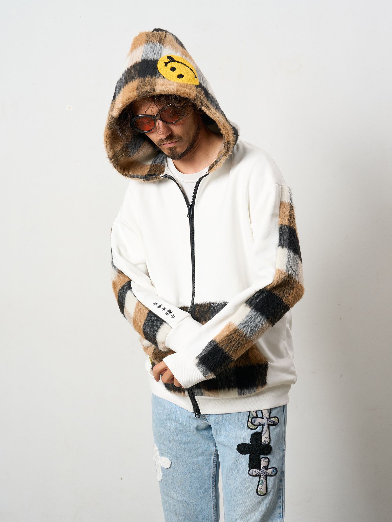 【予約品 5月8日(木) AM10時 締切】 ヘビーウエイト裏毛パイル-シャギーチェックサガラパッチワーク ビックジップワイドパーカー / ホワイト