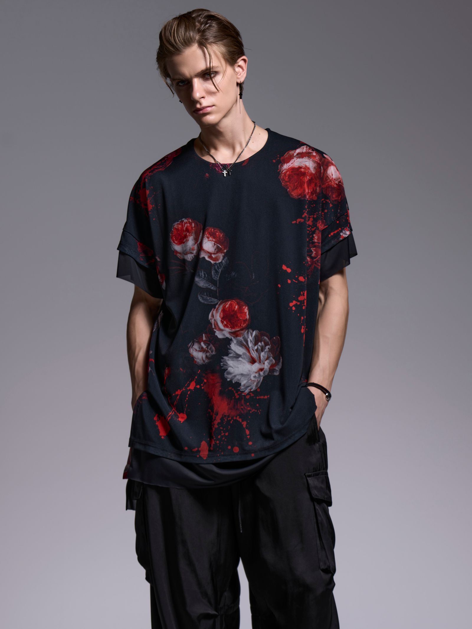 【予約品 1月4日(日) 締切】Crew Neck Layered-T / クルーネック レイヤードTシャツ / ブラックフローラ