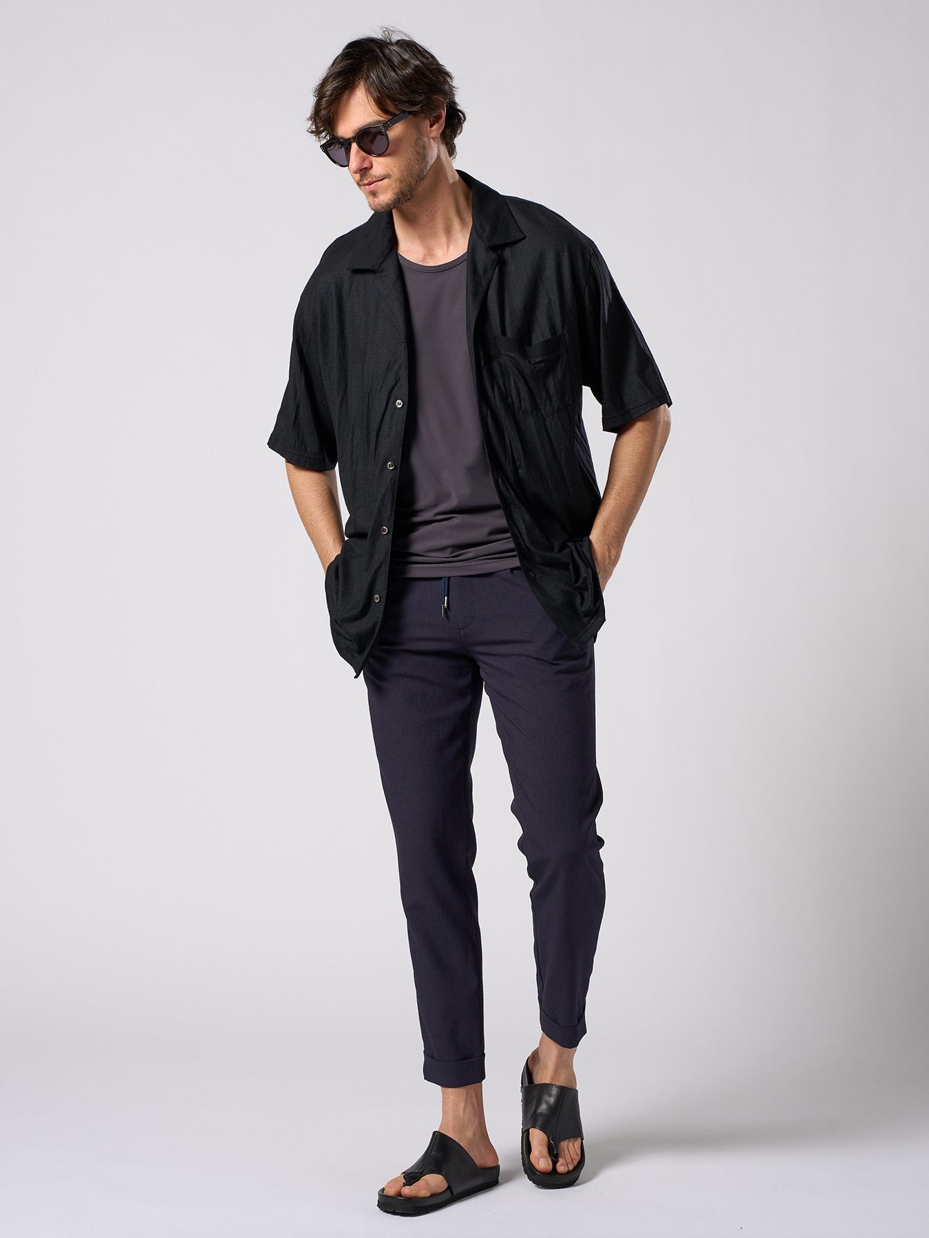 【予約品 1月25日(日) 締切】ex.comfy wool open collar shirt / サマーウール オープンカラーシャツ / ブラック