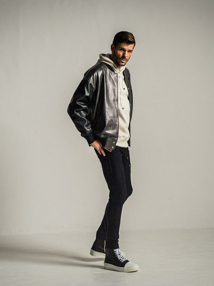 《予約9月1日18時締め》 leather Varsity jacket  / エコレザースタジャン / グレー