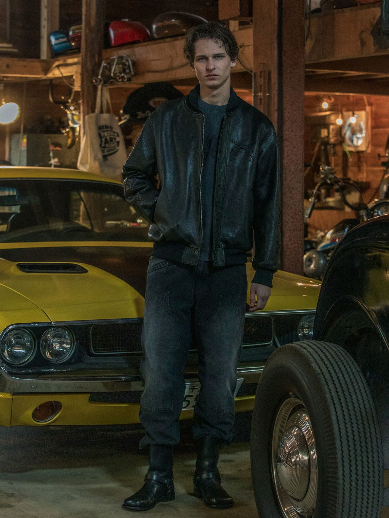 【予約品 3月9日(月) 18:00 締切】COW LEATHER RIB JKT / カウレザー スタジアム ジャンパー / ブラック