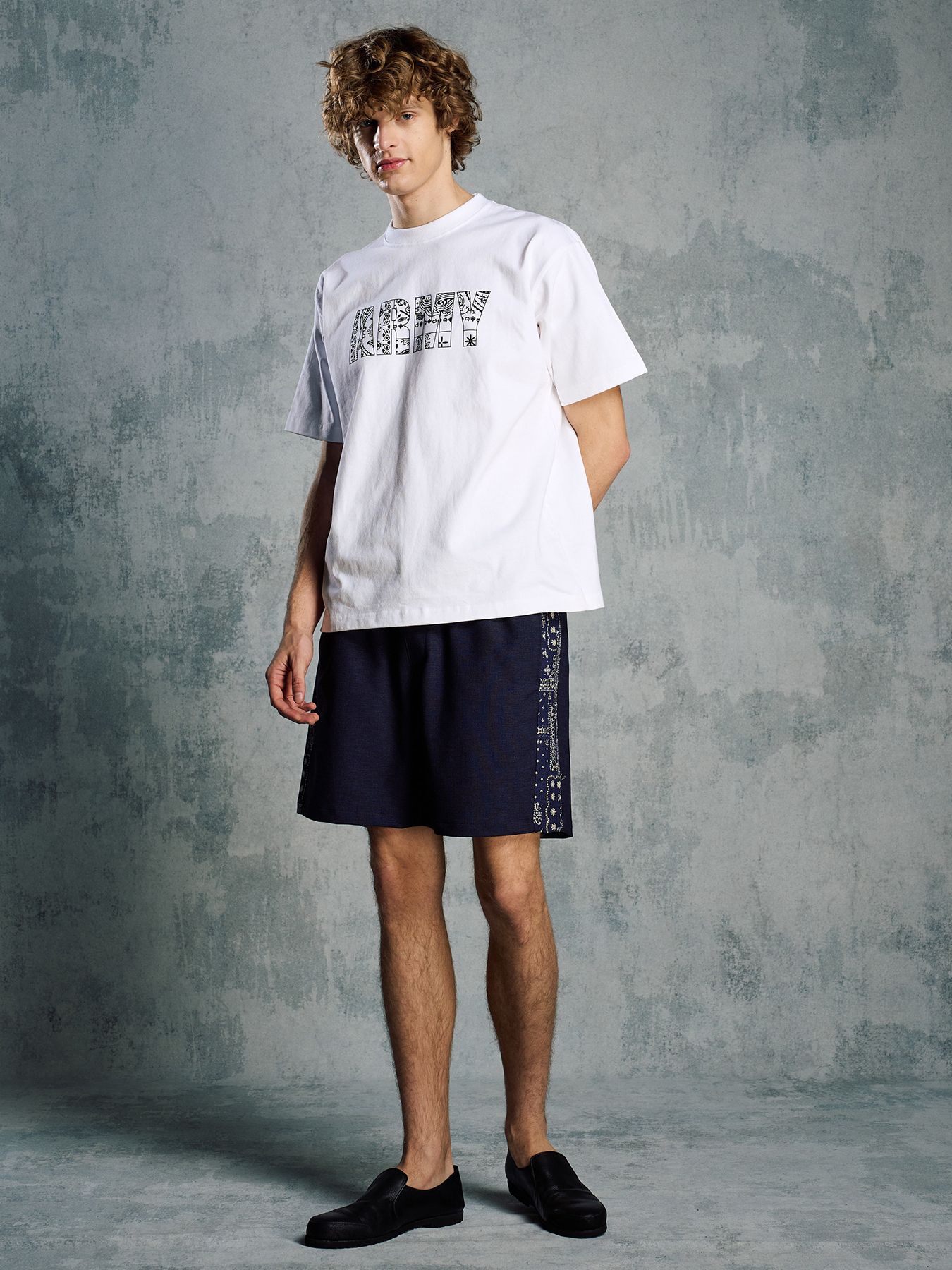 【予約品 1月25日(日) 締切】bandana print panel shorts / バンダナプリントパネル ショーツ / ネイビー