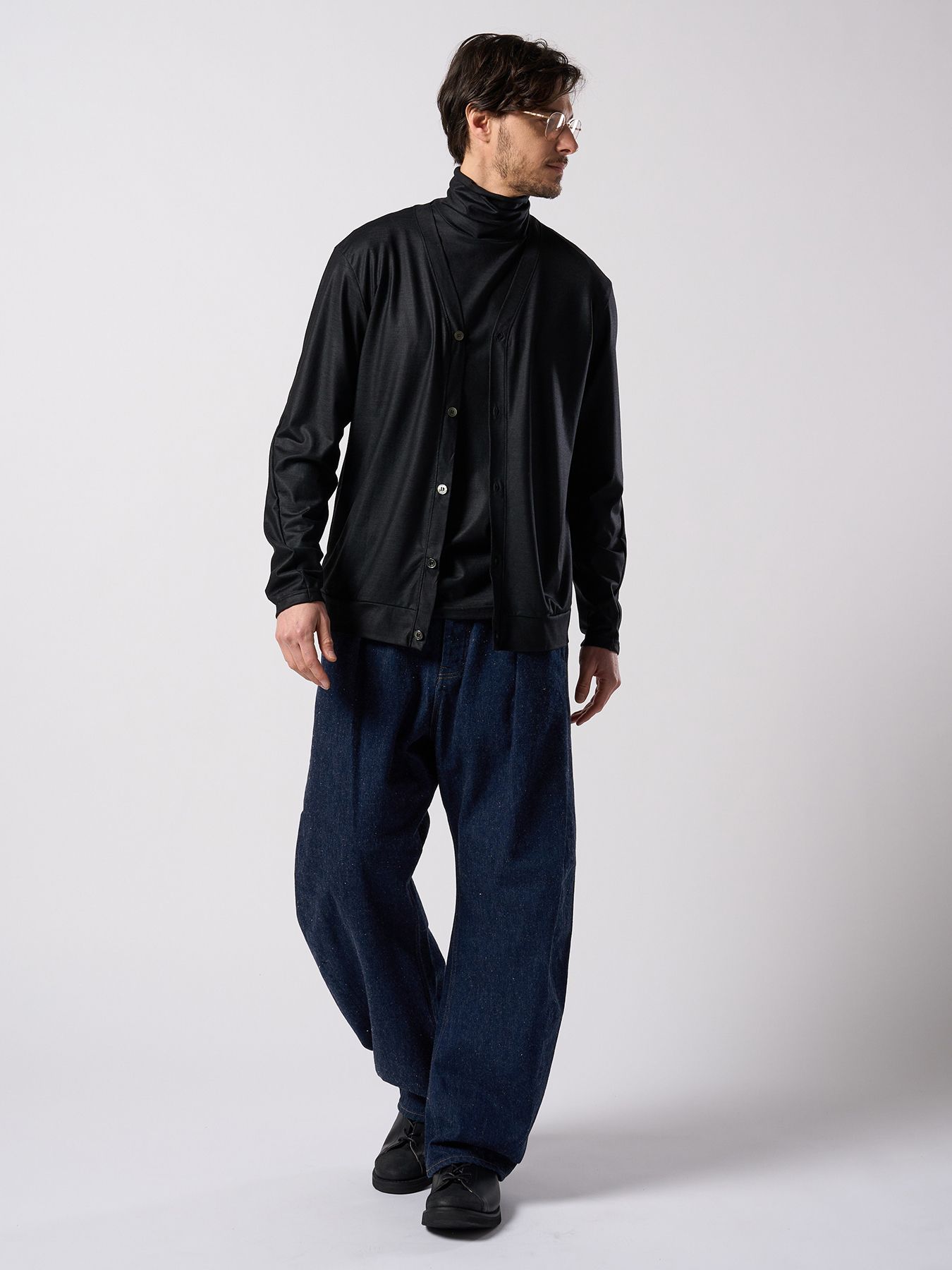 【予約品 4月19日(日) 18時締切】ex.comfy wool middle cardigan / メリノウールジャージー カーディガン / ブラック